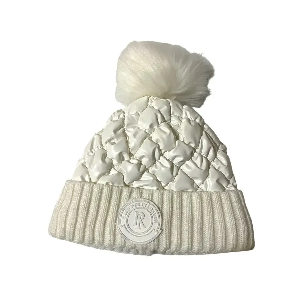 River Island Puffer Quilted Beanie Hat White Cream Pom Pom Kids sz. 5-12 yrs